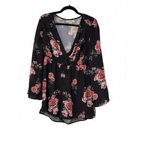 Flying Tomato black floral long sleeve V neck sheer mini dress sz L #1640